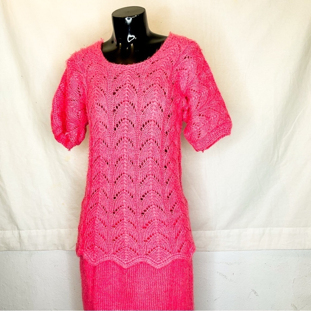 Vintage Hot Pink Knit Set Top Skirt Barbiecore XL